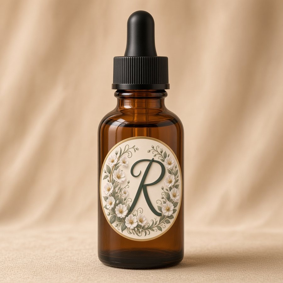 Amber dropper bottle with the Remeteas floral R label